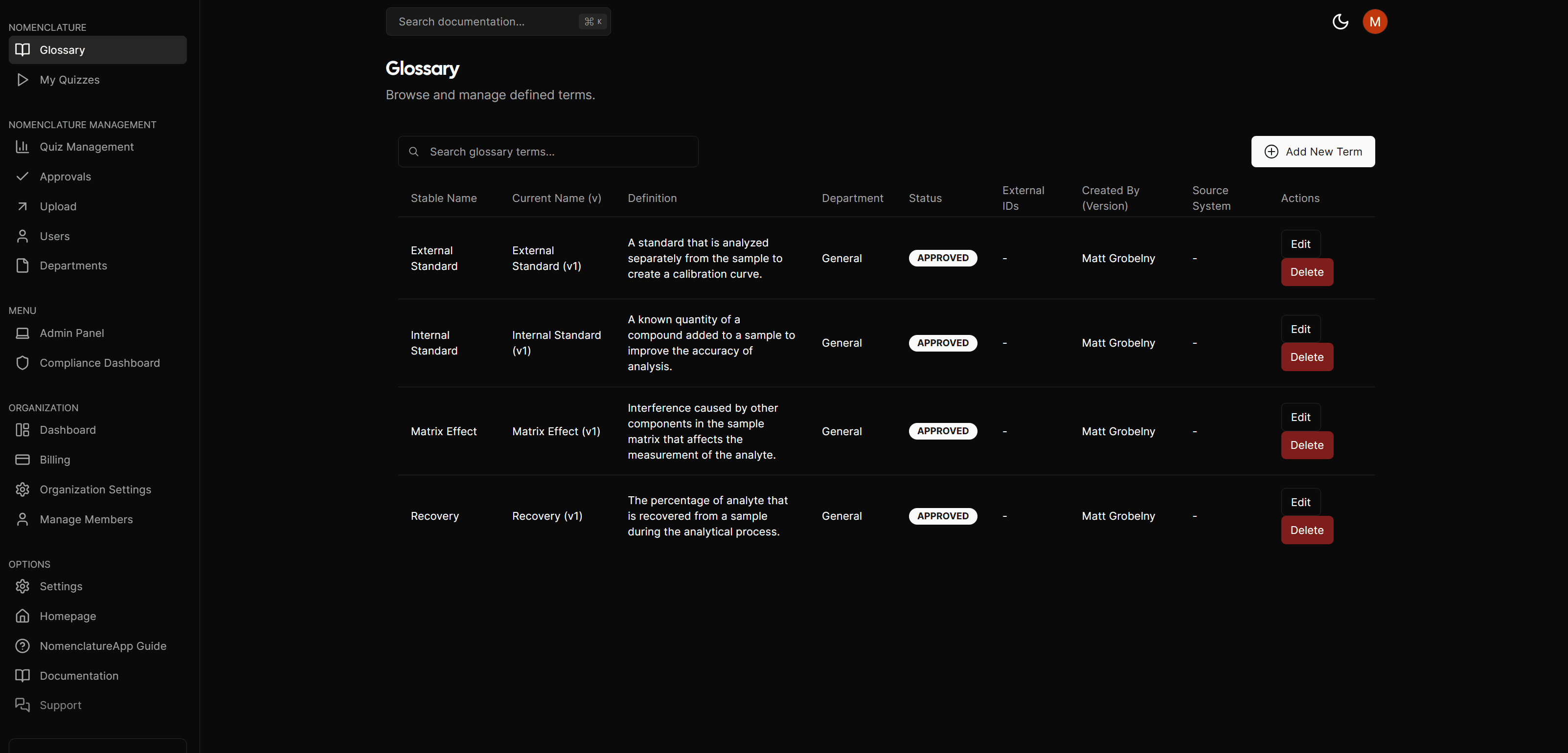 Glossary view showing all terms and definitions