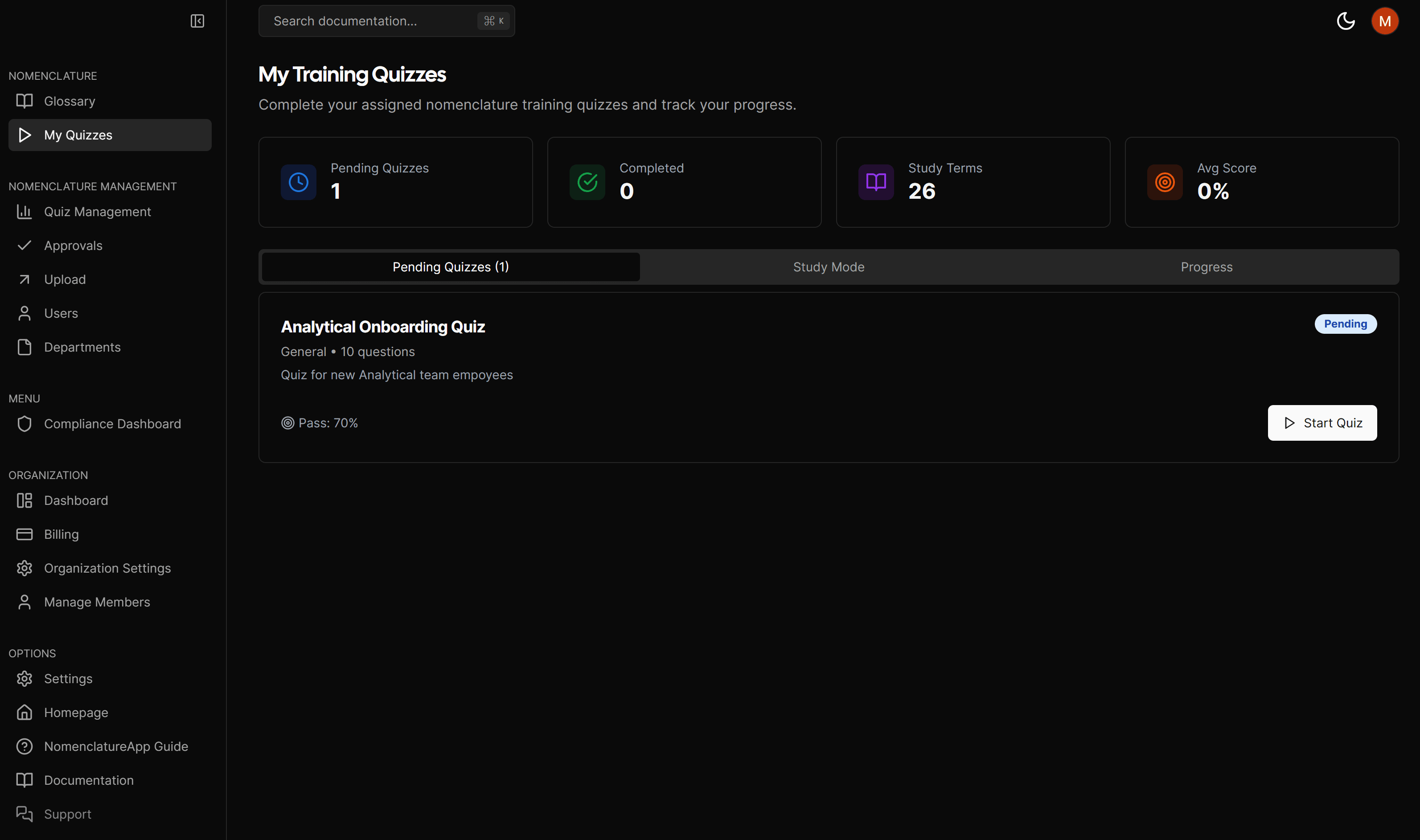Quiz taker view of assigned quizzes